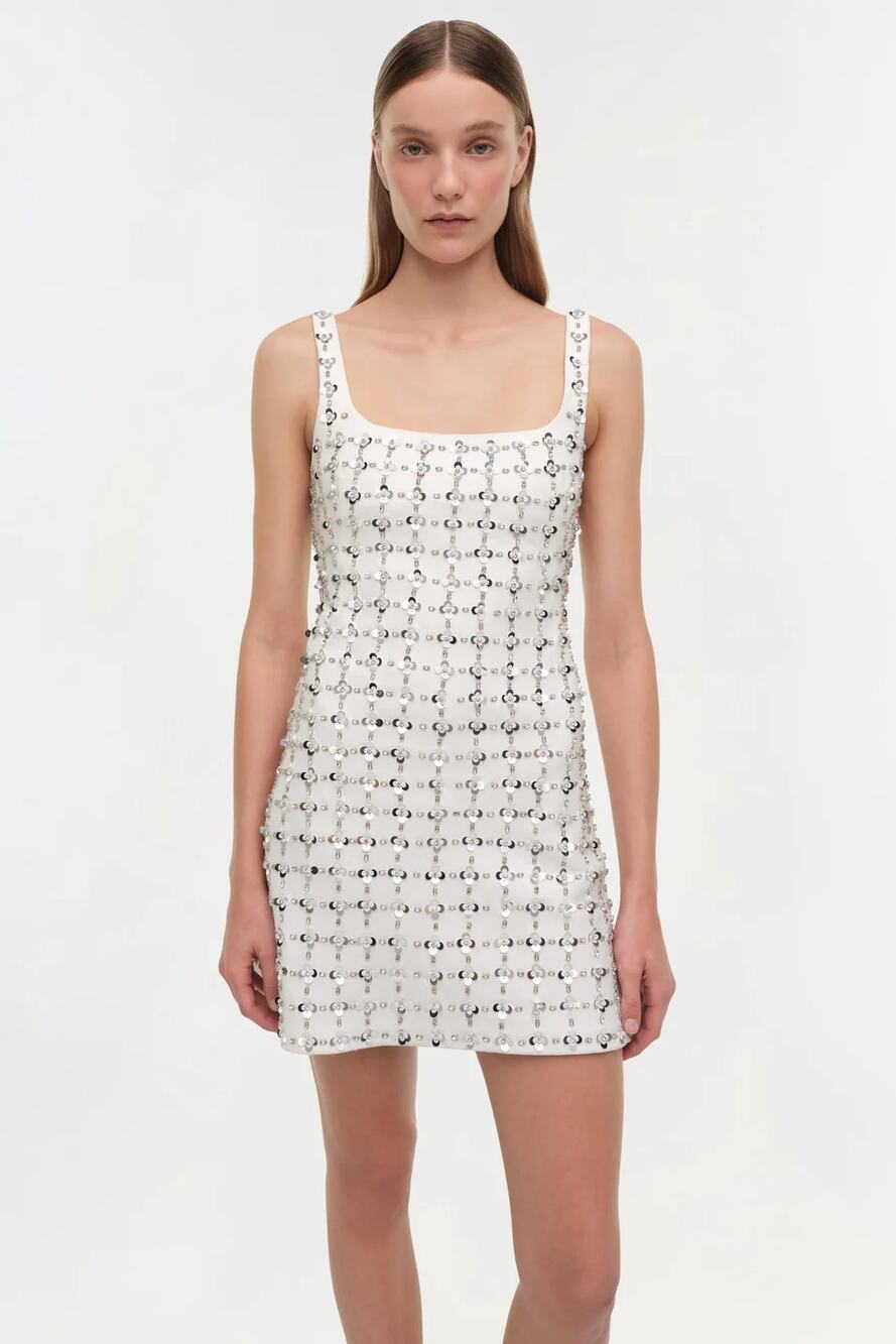 Simkhai Ziva White Embellished Mini Dress Crystal Sequin Size 8 Bridal